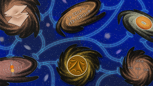 An illustration depicting stylized galaxies, each containing a different mathematical diagram or notation, connected by tubes meant to resemble wormholes.