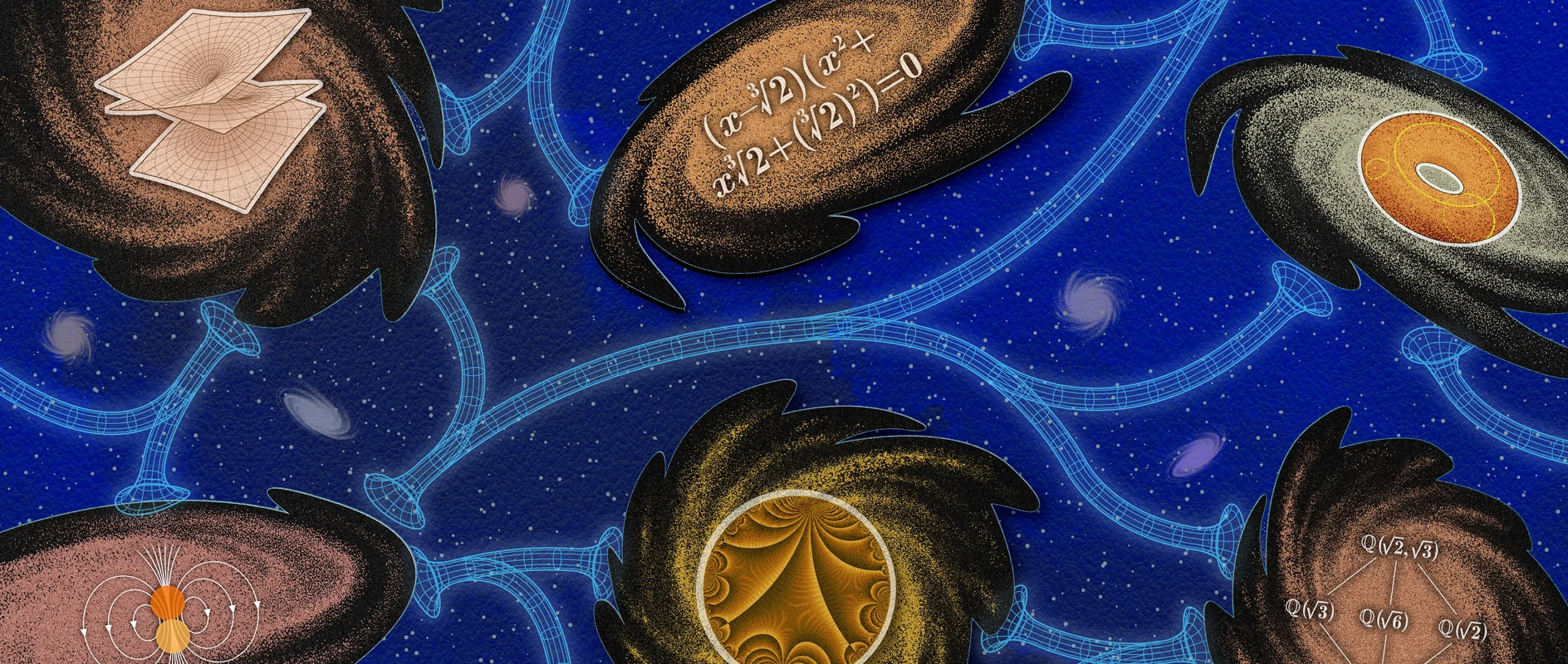 An illustration depicting stylized galaxies, each containing a different mathematical diagram or notation, connected by tubes meant to resemble wormholes.