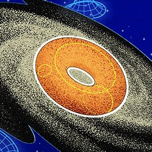 An illustration depicting stylized galaxies, each containing a different mathematical diagram or notation, connected by tubes meant to resemble wormholes.