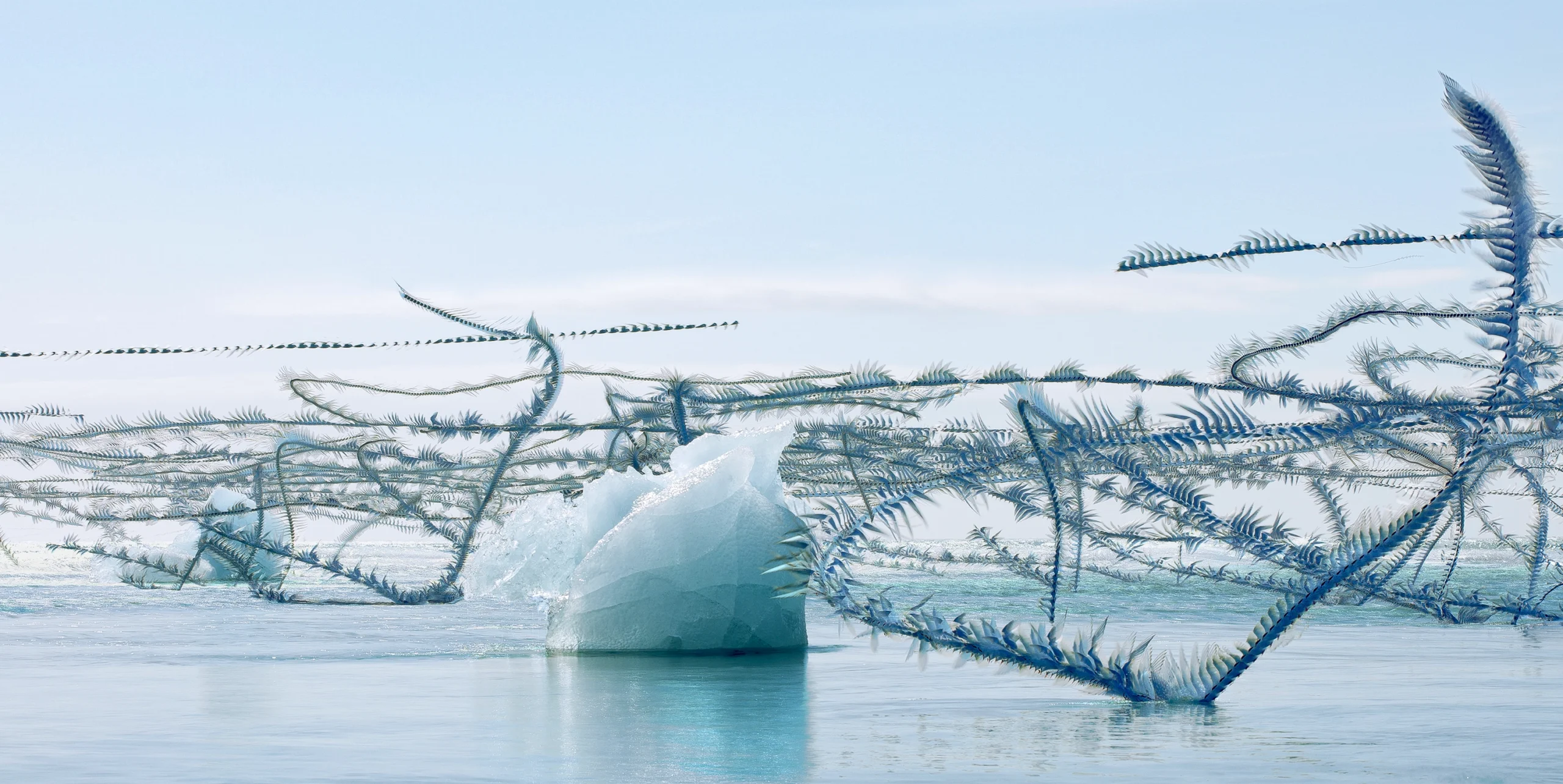 Composite image of a bird flying around an iceberg.