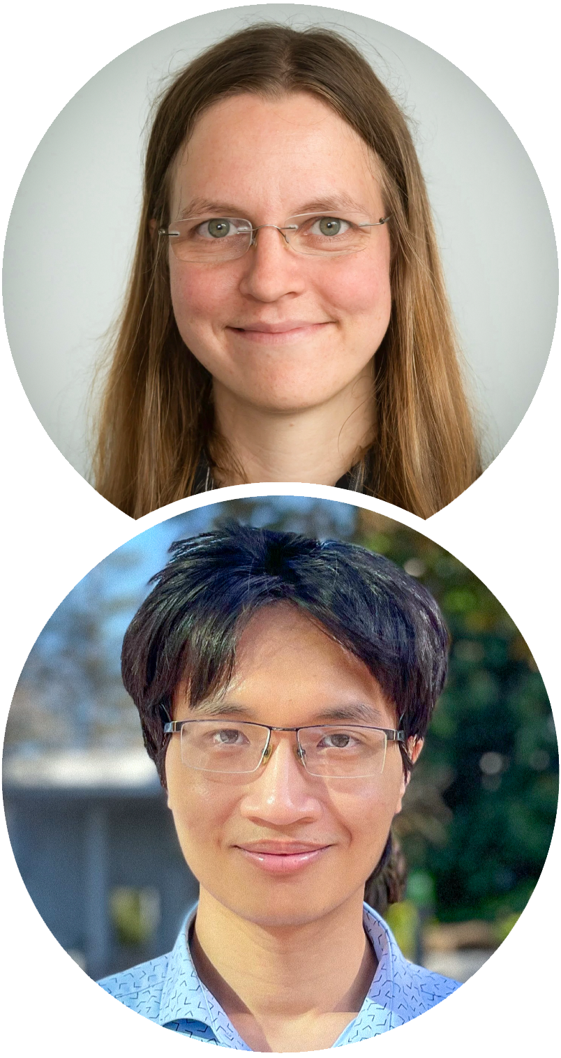 Side-by-side photos of a woman smiling and a man smiling outdoors.