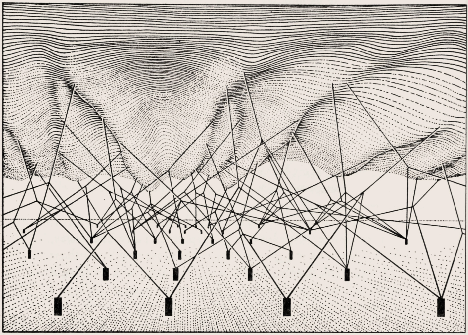 A black-and-white sketch of a complex web of ropes beneath a rippling sheet.