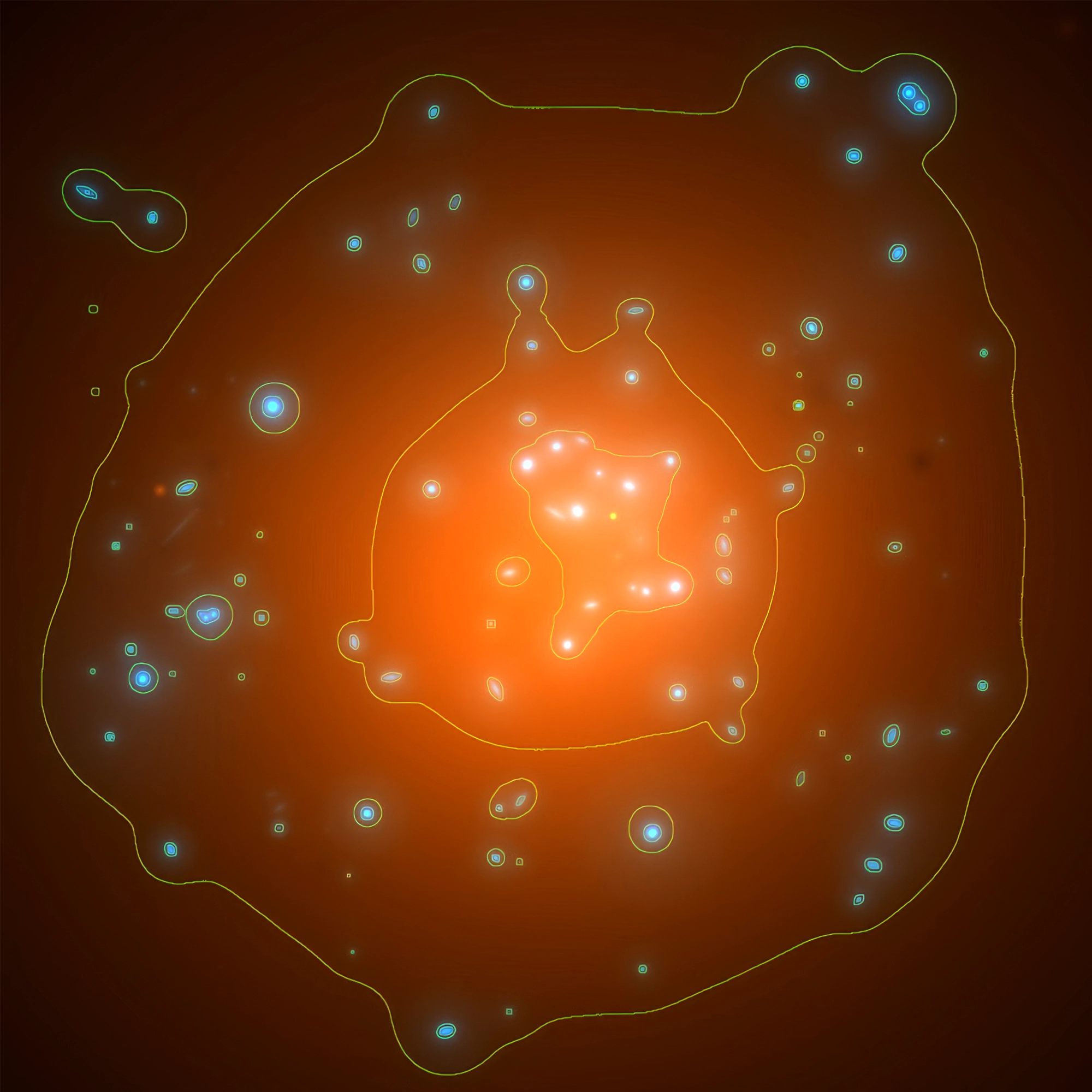 A region of sky dotted with galaxies, overlaid with an orange glow that grows more intense near the center.