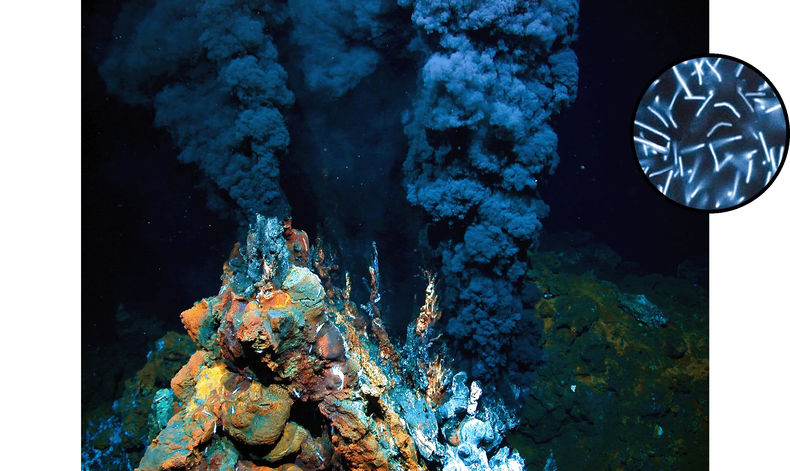 Main image: A deep-sea hydrothermal vent chimney releasing dark plumes of water, with encrusted rock formations in orange, grey and white at its base. Side image: Microscopy image of numerous rod-shaped archaeon cells, glowing pale blue-white, scattered against a black background.