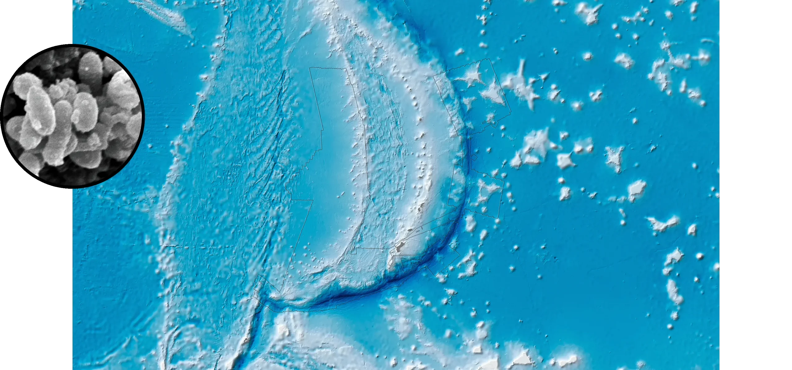 Main image: Overhead map of the Mariana Trench region, showing a deep arc-shaped underwater trench in dark blue. Side image: Scanning electron micrograph of clustered, rounded to oval-shaped bacteria cells with a textured surface.
