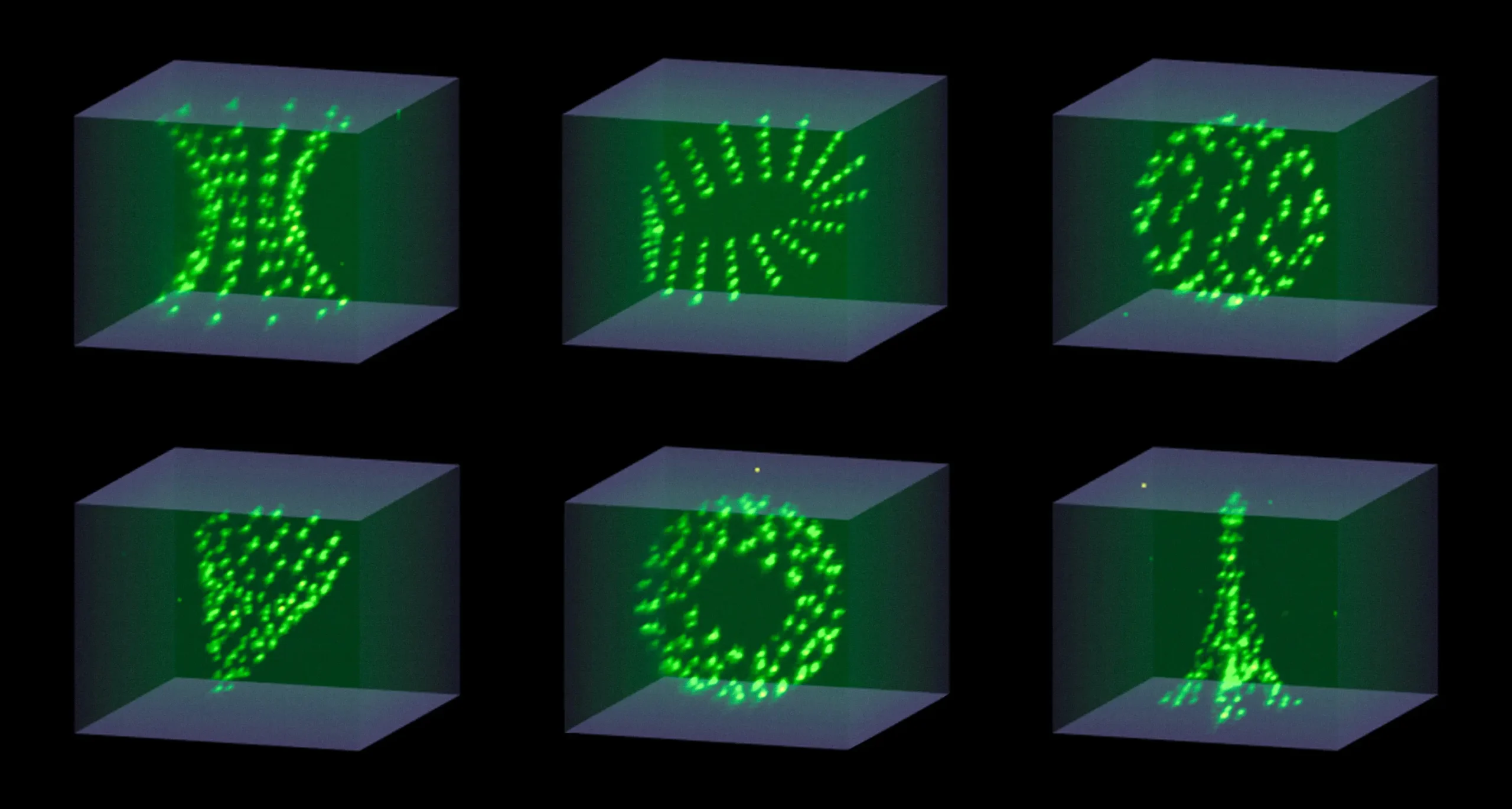 Six images showing 3D arrays of trapped atoms glowing green, arranged into different shapes: a hyperboloid, a Möbius strip, a fullerene-like sphere, a cone, a torus, and an Eiffel Tower.